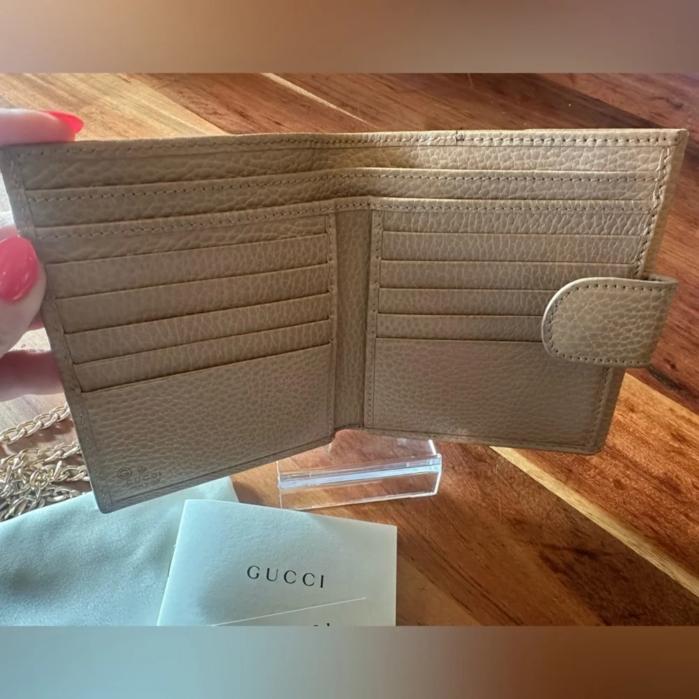 Gucci Beige Trifold Wallet with Gold Accent with gold Chain, Box and Dust Bag